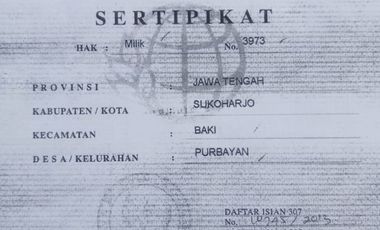 Dijual Ruko Strategis Lokasi Baki, Sukoharjo Luas 44m2