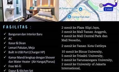 Kontrakan 1 Tahun Full Furniture Electronik, AC, Waterheater, Free Wi-Fi. @ Slipi Kemanggisan
