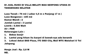 DI JUAL RUKO DI VILLA MELATI MAS SERPONG UTARA DI TANGERANG SELATAN