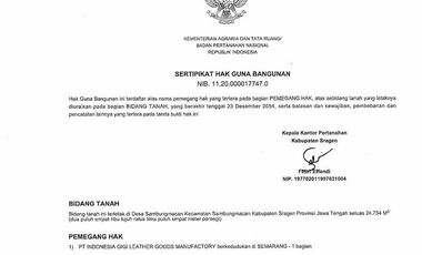 Dijual Tanah 24754 m2 Cocok Untuk Pabrik di Desa Sambungmacan, Sragen, Jawa Tengah
