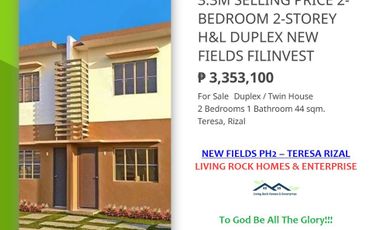 FOR SALE 2-BEDROOM 2-STOREY HOUSE & LOT DUPLEX NEW FIELDS PH2 FUTURA-TERESA ONLY 3.3M SELLING PRICE 20K TO RESERVE A UNIT 13K MONTHLY DP