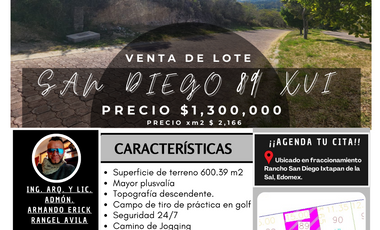 Bonito LOTE SAN DIEGO 89 MZ XVI todos los servicios y proyecto incluído sobre Boulevard Fracc Rancho San Diego Ixtapan de la Sal EDOMEX