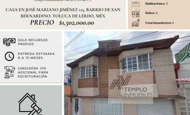 Vendo casa en José Mariano Jiménez 125, Barrio de San Bernardino. Toluca de Lerdo, Méx. Remate bancario. Certeza jurídica y entrega garantizada