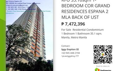 ONLY 25K TO RESERVE RFO 68.90sqm 2-BEDROOM COR w/BAL 2-T&B CONDO UNIT  GRAND RESIDENCES ESPAÑA 2 – BACK OF UST
