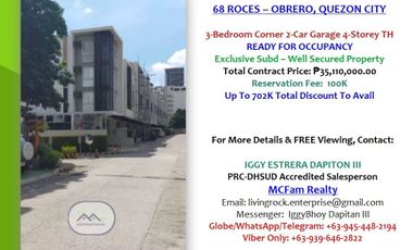 SURROUNDED BY ELECTRIFIED FENCE PROPERTY: READY FOR OCCUPANCY 3-BEDROOM w/T&B 2-CAR GARAGE 4-STOREY TOWNHOUSE 68 ROCES - QUEZON CITY