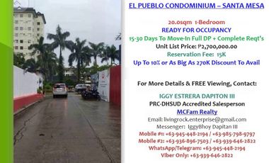 FOR SALE: READY FOR OCCUPANCY 20.0sqm 1-BEDROOM EL PUEBLO CONDOMINIUM ONLY 15K TO RESERVE BIG DISCOUNT TO AVAIL + 1K RESERVATION FEE CASH BACK PROMO
