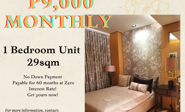 CONDO Investment 1-Bedroom Unit 29sqm for only P9,000 Monthly NO SPOT DP needed Easy requirements to avail! Grab yours now!