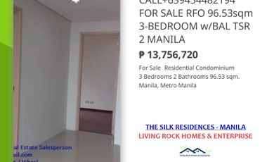 FOR SALE READY FOR TURNOVER 96.53sqm 3-BEDROOM w/BALCONY FACING MANILA SKYLINE THE SILK RESIDENCE MANILA EASY ACCESS TO UBELT AREA UP TO 303K DISCOUNT TO AVAIL