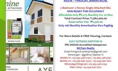 ONLY 6.7K MONTHLY DP AFFORDABLE 2-BEDROOM w/CARPORT 2-STOREY JASMINE SINGLE ATTACHED HOUSE & LOT PINUGAY, BARAS, RIZAL