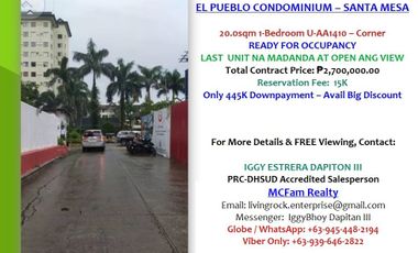 ONLY 15K RESERVATION FEE + 1K RESERVATION FEE CASH BACK RFO 20.0sqm 1-BEDROOM EL PUEBLO CONDOMINIUM MANILA IDEAL FOR RENTAL BUSINESS EASY TO LEASE OUT