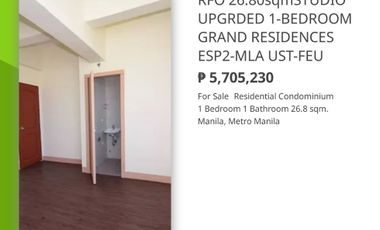 LIMITED INVENTORY ONLY READY FOR OCCUPANCY 26.80sqm STUDIO UPGRADED 1-BEDROOM GRAND RESIDENCES ESPAÑA 2 BACK OF UST-ENG’G BLDG MANILA