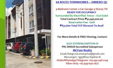 ONLY 100K RESERVATION FEE & GET UP TO 832K TCP DISCOUNT: RFO 4-BEDROOM w/T&B 2-CAR GARAGE 4-STOREY TOWNHOUSE 68 ROCES QUEZON CITY