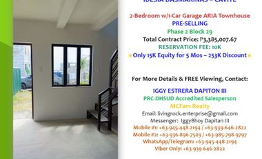 Only 15K Monthly DP! For Sale Pre-Selling 2-Bedroom w/1-Car Garage Aria Townhouse Idesia Dasmariñas