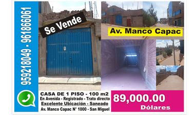 Av. Manco Capac Se vende Casita 100 m2 San Miguel