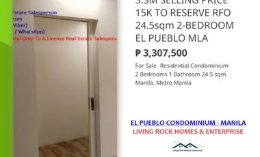 READY FOR OCCUPANCY 24.5sqm 2-BEDROOM FOR SALE EL PUEBLO CONDOMINIUM MANILA 3.3M THE LOWEST SELLING PRICE IN THE AREA ONLY 15K TO RESERVE VERY NEAR TO PUP MAIN CAMPUS IDEAL FOR RENTAL INVESTMENT