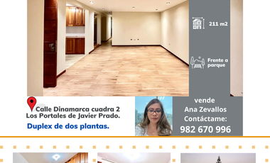 VENDO AMPLIO DUPLEX 211 M2 FRENTE A PARQUE EN LOS PORTALES DE JAVIER PRADO - ATE