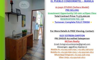 GRAB A LIMITED UNIT ONLY 15K TO RESERVE PRE-SELLING 10.5sqm STUDIO EL PUEBLO CONDORMITEL MANILA VERY NEAR TO PUP MAIN CAMPUS IDEAL FOR RENTAL INVESTMENT