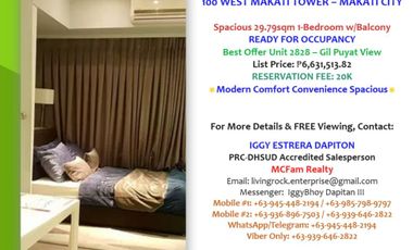 FOR SALE! READY FOR OCCUPANCY 29.79sqm 1-BEDROOM w/BALCONY SUNSET VIEW FACING GIL PUYAT AVENUE 100 WEST MAKATI TOWER