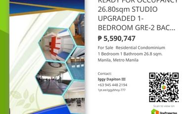 READY FOR OCCUPANCY CONDO UNIT 26.80sqm STUDIO UPGRADED TO 1-BEDROOM GRE 2 BACK UST ENGINEERING BLDG - LACSON MANILA