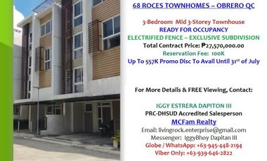 FULLY SECURED w/ELECTRIFIED FENCE RFO 3-BEDROOM w/OWN T&B GARAGE 3-STOREY TOWNHOUSE 68 ROCES-OBRERO QUEZON CITY