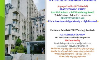PRIME INVESTMENT OPPORTUNITY! OWN THE LAST 16.5sqm STUDIO UNIT IN EL PUEBLO CONDOMINIUM