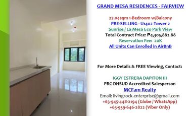 IDEAL FOR AIRBnB INVESTMENT - PRESELLING 27.04sqm 1-BEDROOM w/BALCONY GRAND MESA RESIDENCES FAIRVIEW