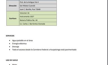 TERRENO EN VENTA EN PUEBLA SAN MATEO CUANALA