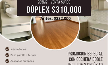 DÚPLEX EN VENTA DE 3 DORMITORIOS CON TERRAZA DOBLE EN SANTIAGO DE SURCO