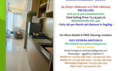 ONLY 15K MONTHLY! PRE-SELLING 46.78sqm 1-BEDROOM w/2T&b 2-BALCONY JACINTA ENCLAVES CAINTA NEAR JUNCTION