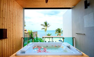 5 unit fully furnished luxury private Pool villa on a large white sandy beach for sale in Samui
