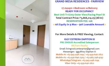 RFO 27.04sqm1-BEDROOM w/BAL VIA PAGIBIG FIN GRAND MESA RESDIENCES-FAIRVIEW IDEAL FOR AIRBnB