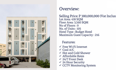 BEST FOR INVESTMENT!! 9-Storey Budget Hotel in BGC!! This Hotel is near the Uptown Area of BGC, specifically across 10th Ave. and near Philplans Tower.