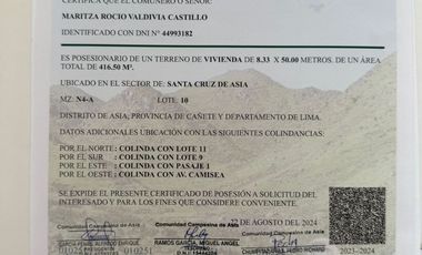 VENDO TERRENO DE OCASION DE 416.50 M2 EN SANTA CRUZ DE ASIA POR ACCIONES Y DERECHOS LISTO PARA INSCRIPCION MUNICPAL Y RR.PP