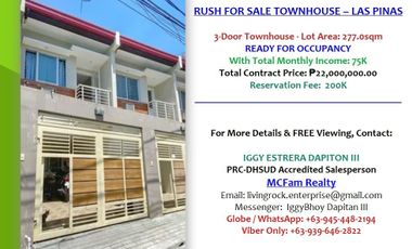 RUSH FOR SALE BY OWNER!! 3-DOOR TOWNHOUSE LOCATED IN LAS PINAS CITY – WITH EXISTING TENANTS EARNING 25K MONTHLY RENTAL PER DOOR