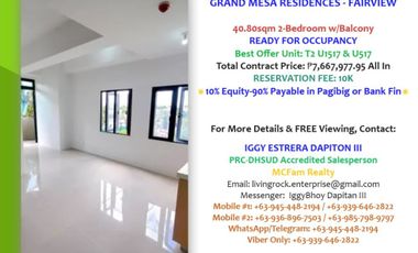Ideal For AirBnB Business! Retirement Home! Very Near La Mesa Eco Park Condominium! For Sale 2-Bedrom w/Balcony Grand Mesa Residences Commonwealth