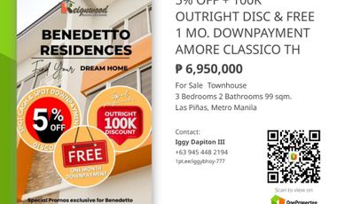 PROMO ALERT 5% TCP OFF + 100K OUTRIGHT DISCOUNT RESERVE 3-BEDROOM 3-STOREY AMORE CLASSICO TOWNHOUSE – LAS PIÑAS CITY