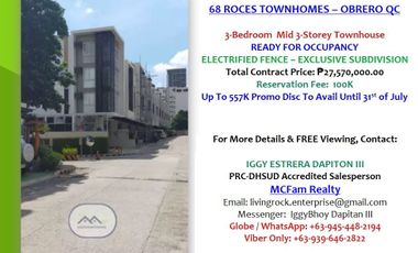 VERY NEAR TO FISHER MALL TRINOMA/SM NORTH EDSA RFO 3-BEDROOM 3-STOREY TOWNHOUSE 68 ROCES-QUEZON CITY ONLY 100K TO RESERVE
