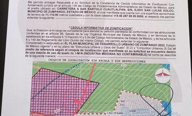 VENDO TERRENO INDUSTRIAL A 10 MIN DEL AIFA SUPERFICIE 10,000 M2 IDEAL CONSTRUIR BODEGAS. RESGUARDO CAMIONES.