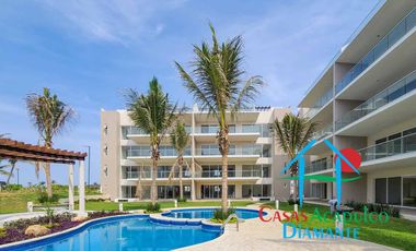 Depa nuevo. En condominio con club de playa. Terraza con vista a la alberca y áreas comunes