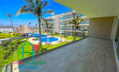 Depa nuevo. En condominio con club de playa. Terraza con vista a la alberca y áreas comunes