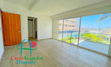Depa nuevo. En condominio con club de playa. Terraza con vista a la alberca y áreas comunes