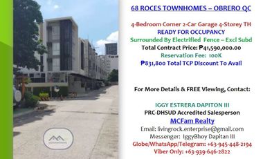 Exclusive Gated Community: 68 Roces Quezon City RFO 4-Bedroom w/T&B 2-Car Garage 4-Storey Townhouse 100K Reservation Fee Avail Up To 832K TCP Discount