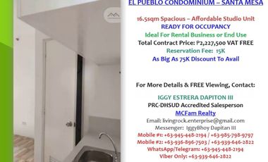 Spacious Affordable 16.5sqm Studio Ready For Occupancy El Pueblo Condominium Santa Mesa, Very Near To PUP Main Campus