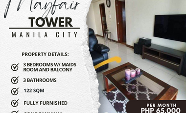 For Rent! Fully Furnished 3BR with Balcony at Mayfair Tower