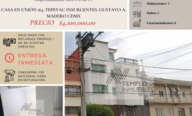 Vendo casa en Unión 163, Tepeyac Insurgentes. Gustavo A. Madero CDMX. Remate bancario. Certeza jurídica y entrega garantizada