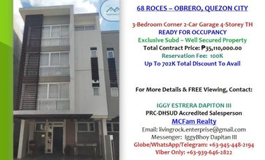 SPACIOUS WELL-SECURED READFY FOR OCCUPANCY 3-BEDROOM w/T&B 2-CAR GARAGE 4-STOREY TOWNHOUSE 68 ROCES - QUEZON CITY