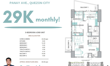 29K Monthly Promo! The Crestmont 3 Bedroom 84sqm Condo Unit For Sale in Panay Avenue Quezon City Metro Manila