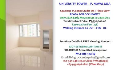 ONLY 262K TO MOVE-IN RESERVE RFO 25.0sqm STUDIO UNIVERSITY TOWER P. NOVAL - VERY NEAR TO UST FEU UE NU