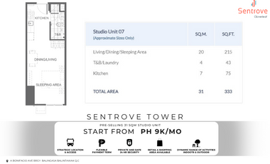 Pre-selling Studio Unit For Sale in Sentrove Tower Clover Leaf Balintawak, Q.C